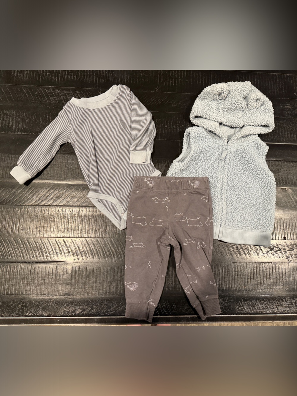 Carter's Light Blue and Gray Baby Matching Set - Bodysuit, Pants & Sherpa Vest